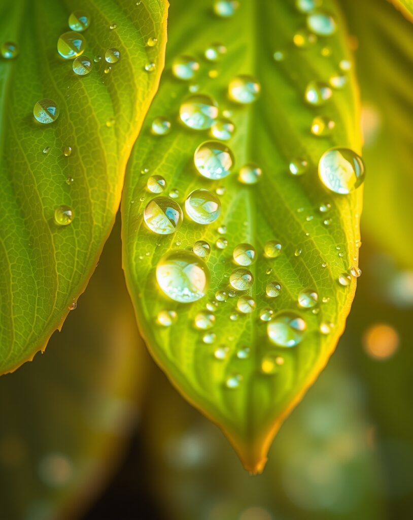 Magnified Dew Drops on Green Leaf – free AI stock image