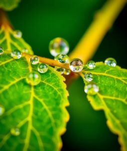 Magnified World of Dewdrops on Leaves – free AI stock image