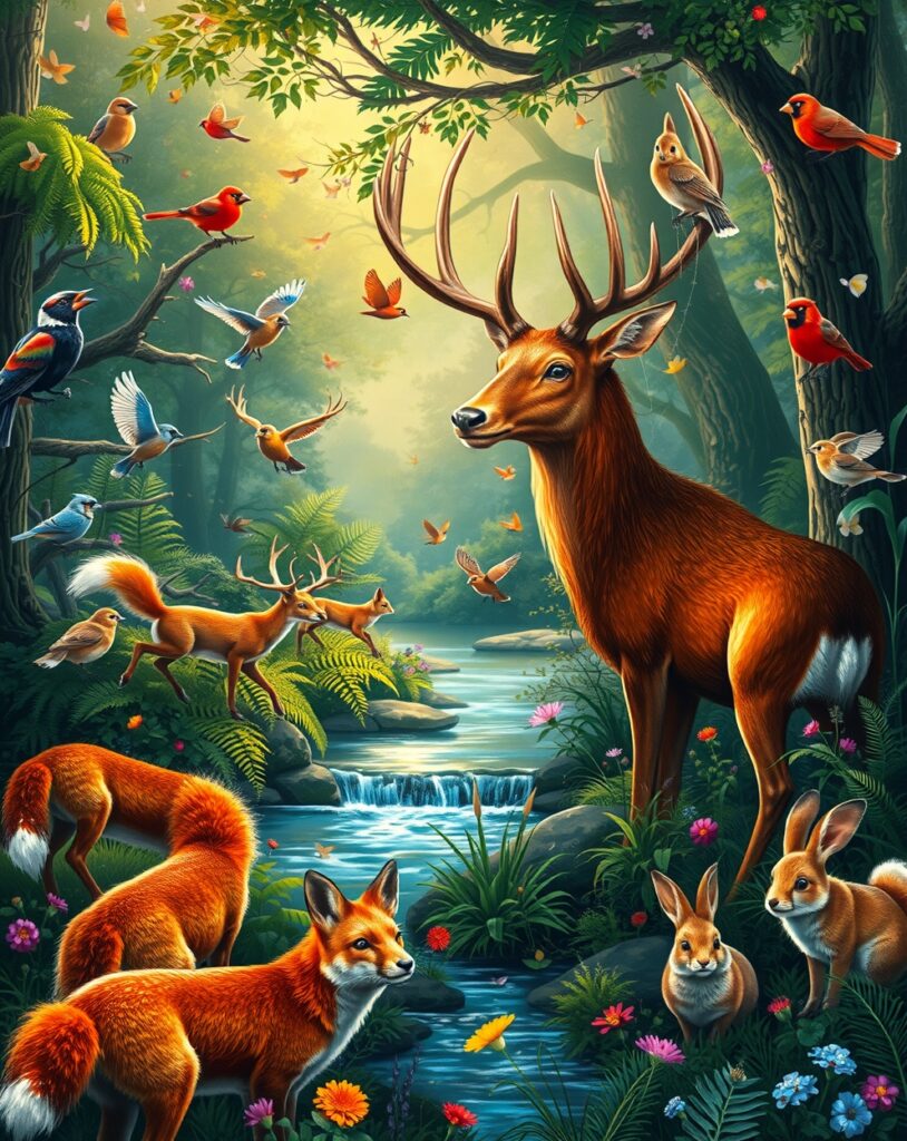 Majestic Animals in a Lush Forest – free AI stock image