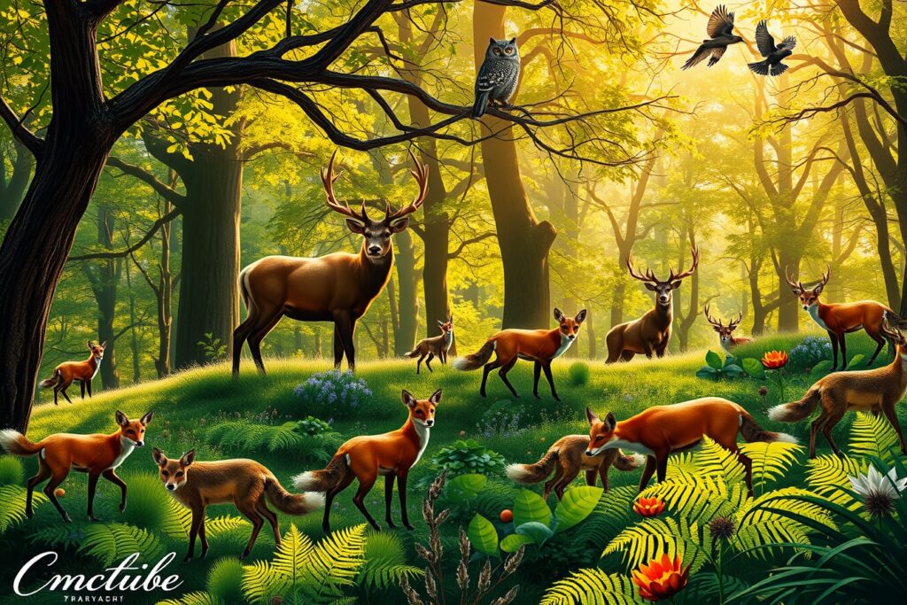 Majestic Animals in a Sunlit Forest – free AI stock image
