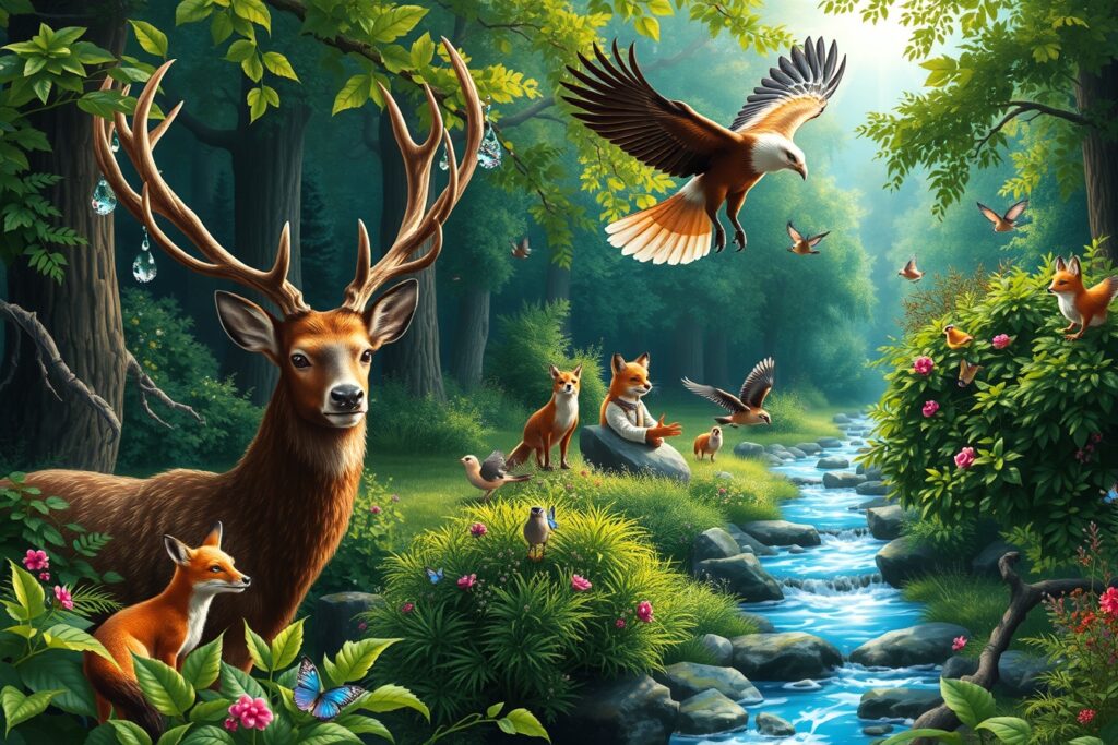 Majestic Animals in a Vibrant Forest – free AI stock image