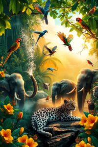 Majestic Animals in a Vibrant Jungle Scene – free AI stock image