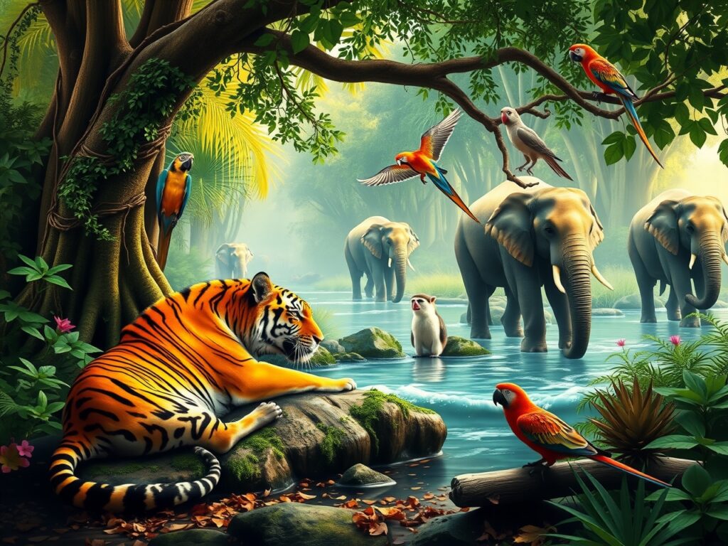 Majestic Animals in a Vibrant Jungle Scene – free AI stock image