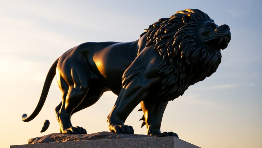 Majestic Bronze Lion in Sunset Glow – free AI stock image