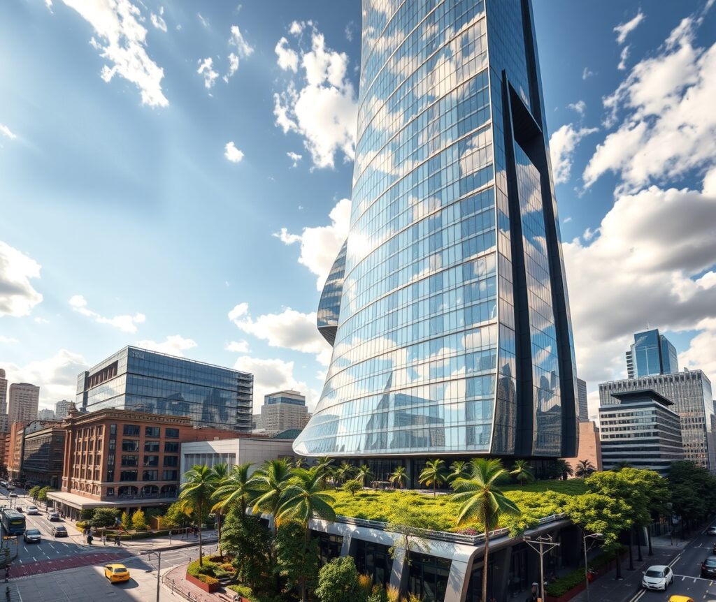 Majestic Contemporary Skyscraper Against Blue Sky – free AI stock image