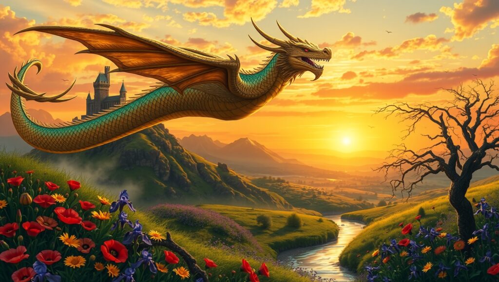 Majestic Dragon at Sunset – free AI stock image
