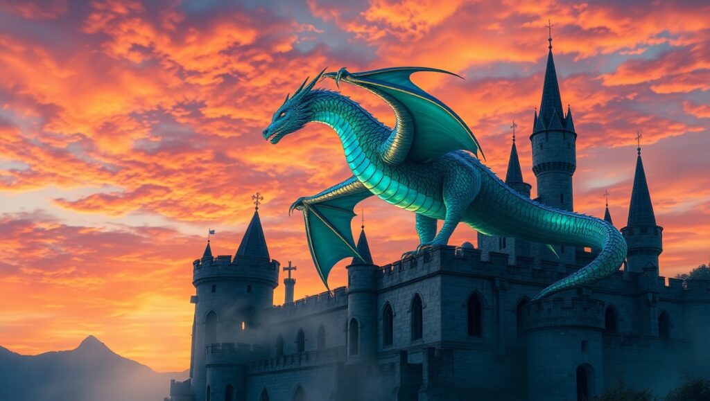 Majestic Dragon Over Ancient Castle – free AI stock image