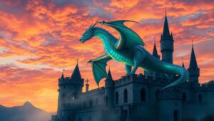 Majestic Dragon Over Ancient Castle – free AI stock image