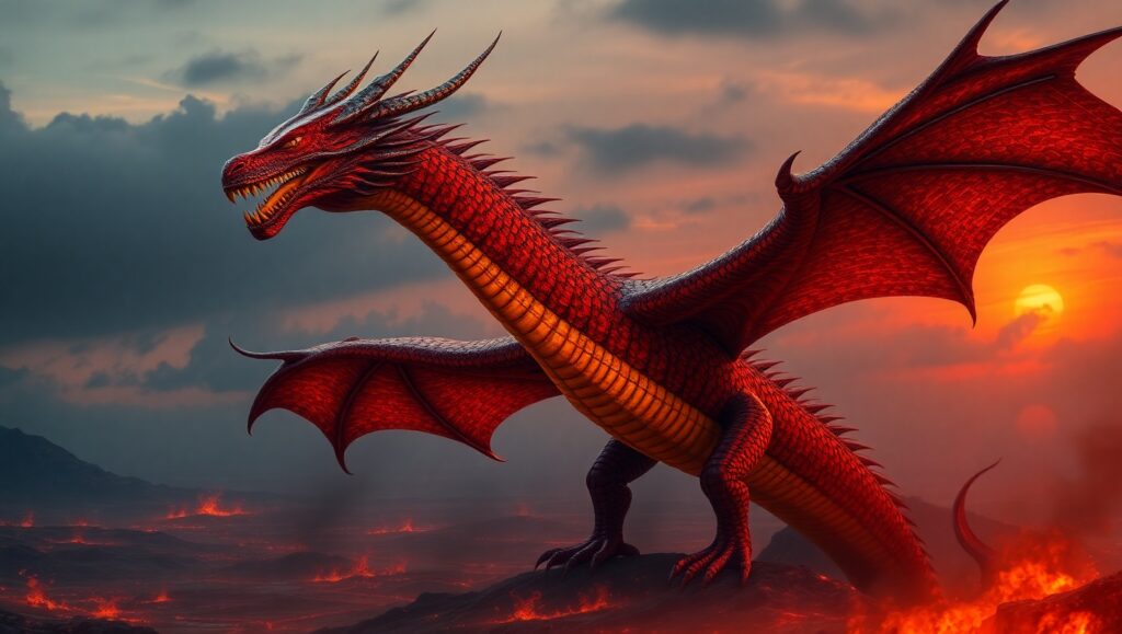 Majestic Dragon Over Fiery Landscape – free AI stock image