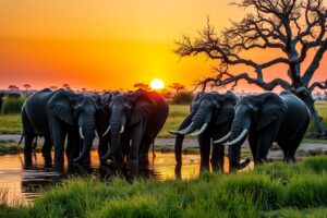Majestic Elephants Gathering at Waterhole – free AI stock image