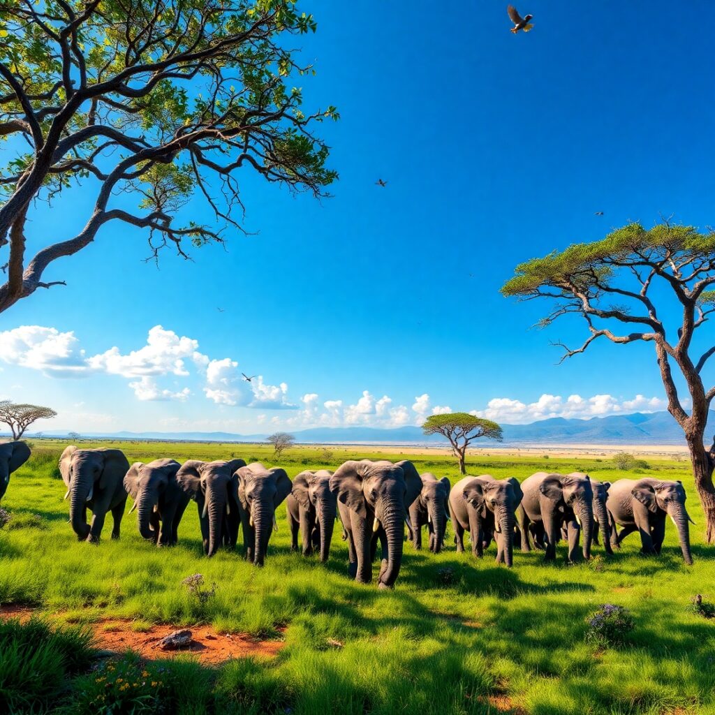 Majestic Elephants Roaming a Lush Savannah – free AI stock image