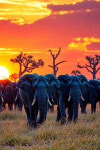 Majestic Elephants Under the Golden Sunset – free AI stock image