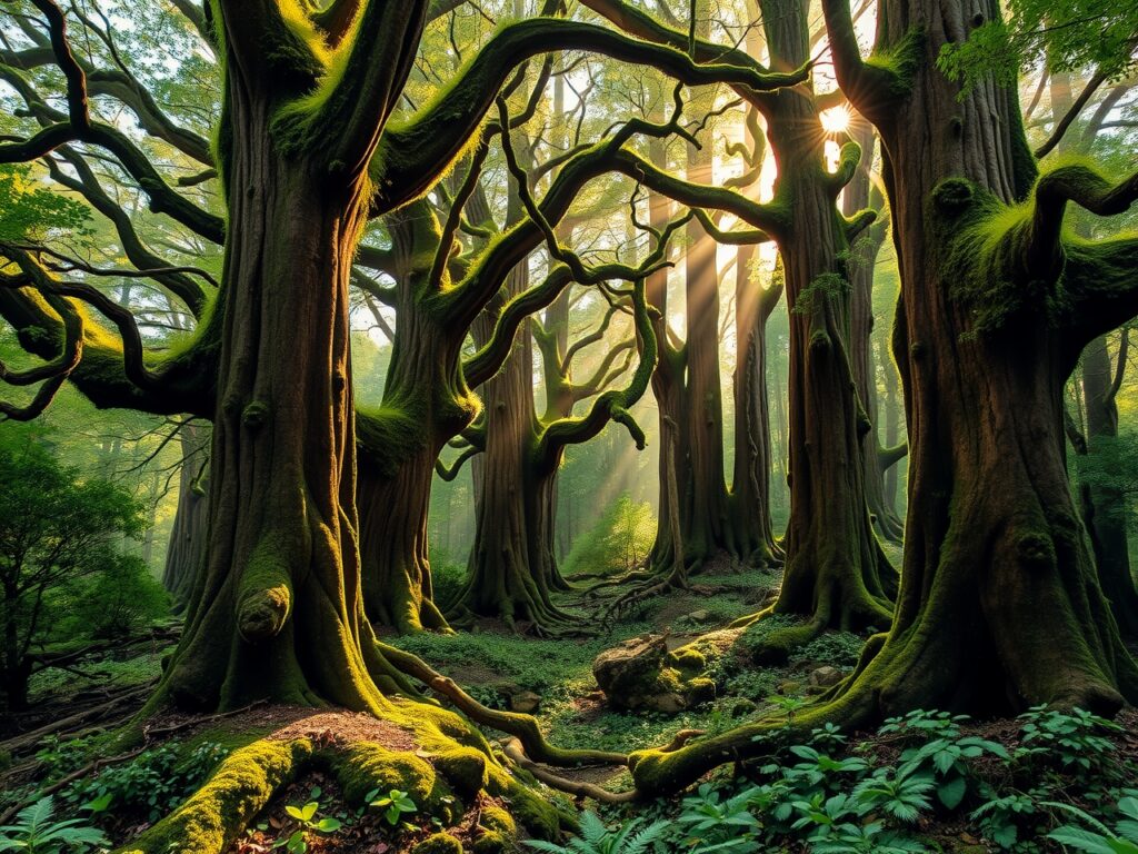 Majestic Forest with Sunlight Filtering Through Trees – free AI stock image