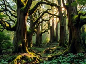 Majestic Forest with Sunlight Filtering Through Trees – free AI stock image