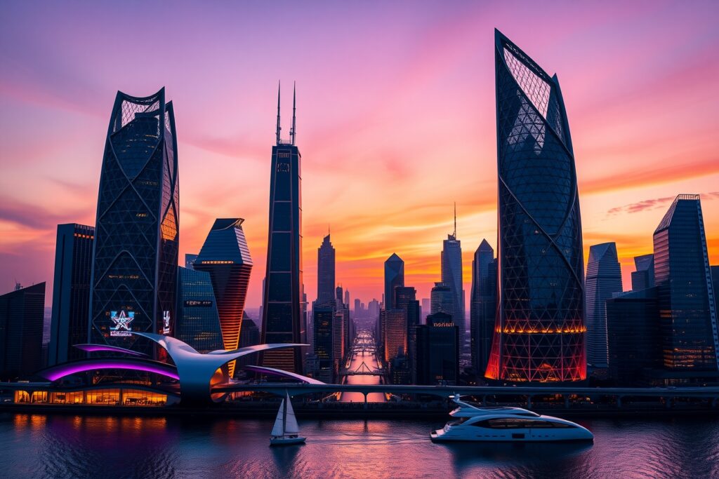 Majestic Futuristic Skyline at Dusk – free AI stock image