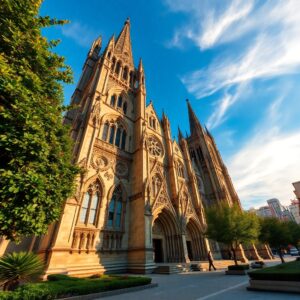 Majestic Gothic Cathedral Against Clear Sky – free AI stock image