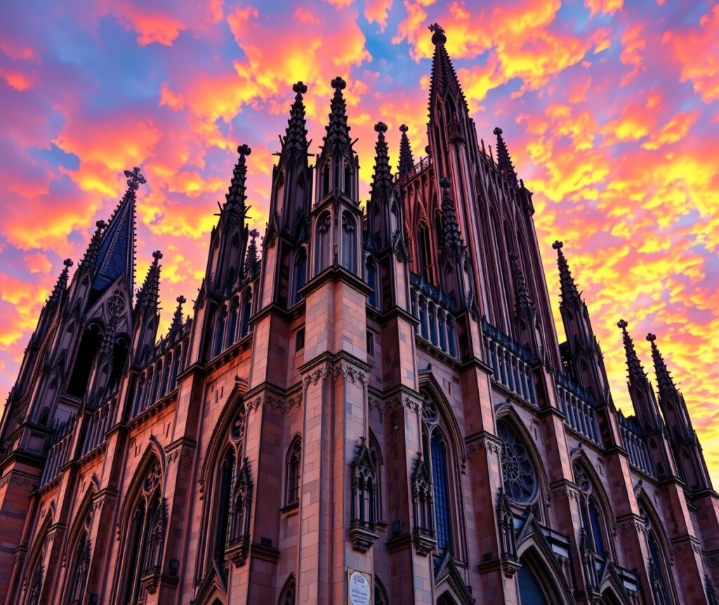 Majestic Gothic Cathedral Against Sunset Sky – free AI stock image