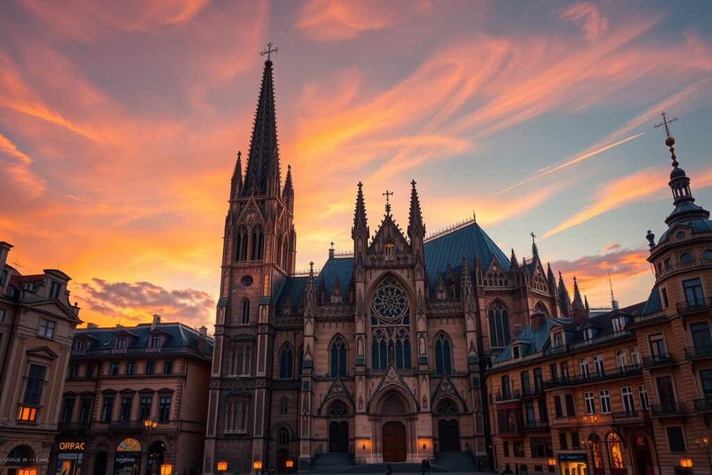 Majestic Gothic Cathedral at Dusk – free AI stock image