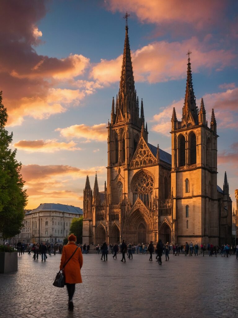 Majestic Gothic Cathedral Bathed in Sunset – free AI stock image