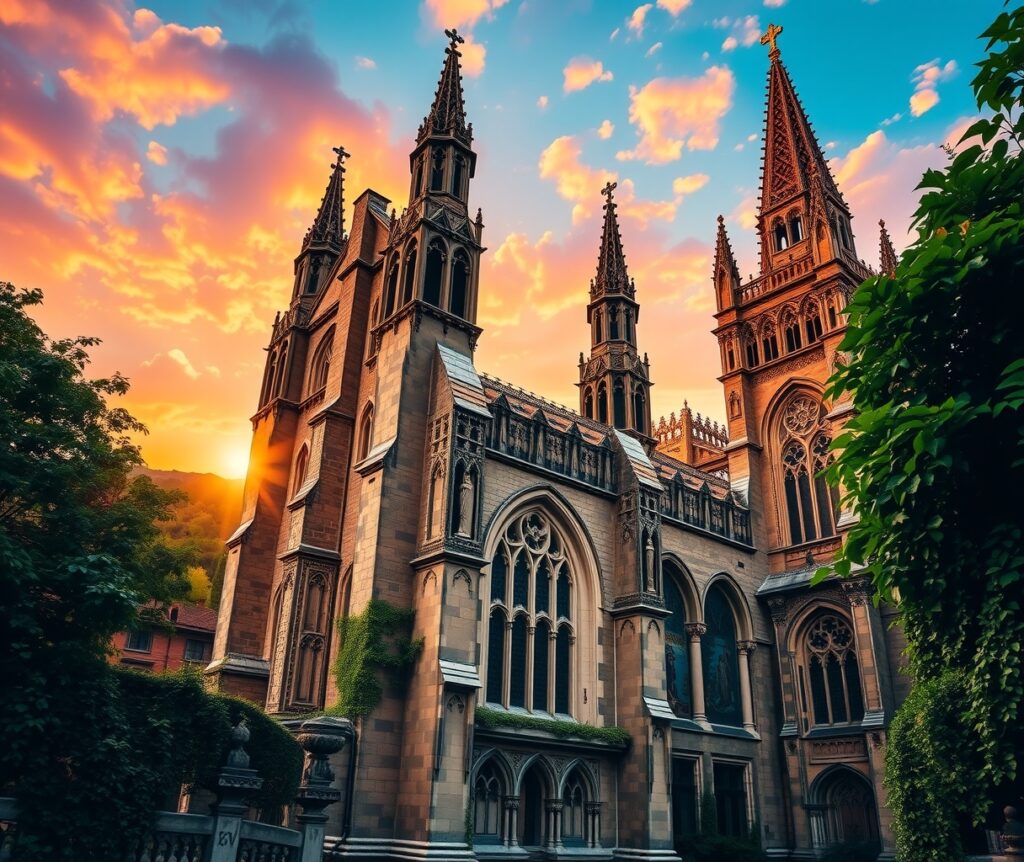 Majestic Gothic Cathedral in Sunset Glow – free AI stock image