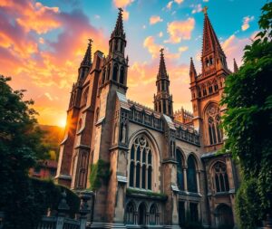 Majestic Gothic Cathedral in Sunset Glow – free AI stock image