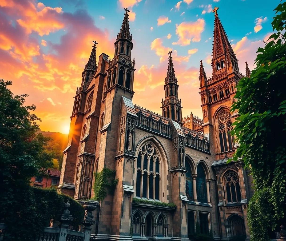Majestic Gothic Cathedral in Sunset Glow