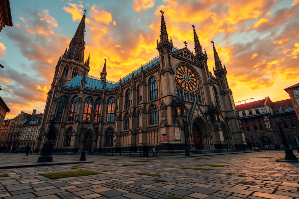 Majestic Gothic Cathedral in Sunset Light – free AI stock image
