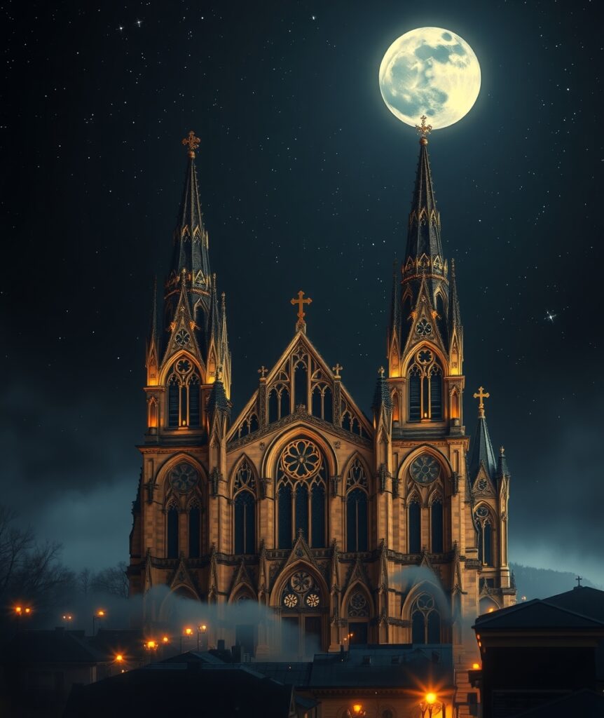 Majestic Gothic Cathedral Under a Starry Sky – free AI stock image