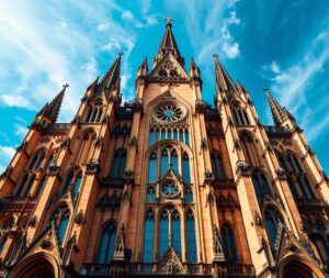 Majestic Gothic Cathedral Under Blue Sky – free AI stock image