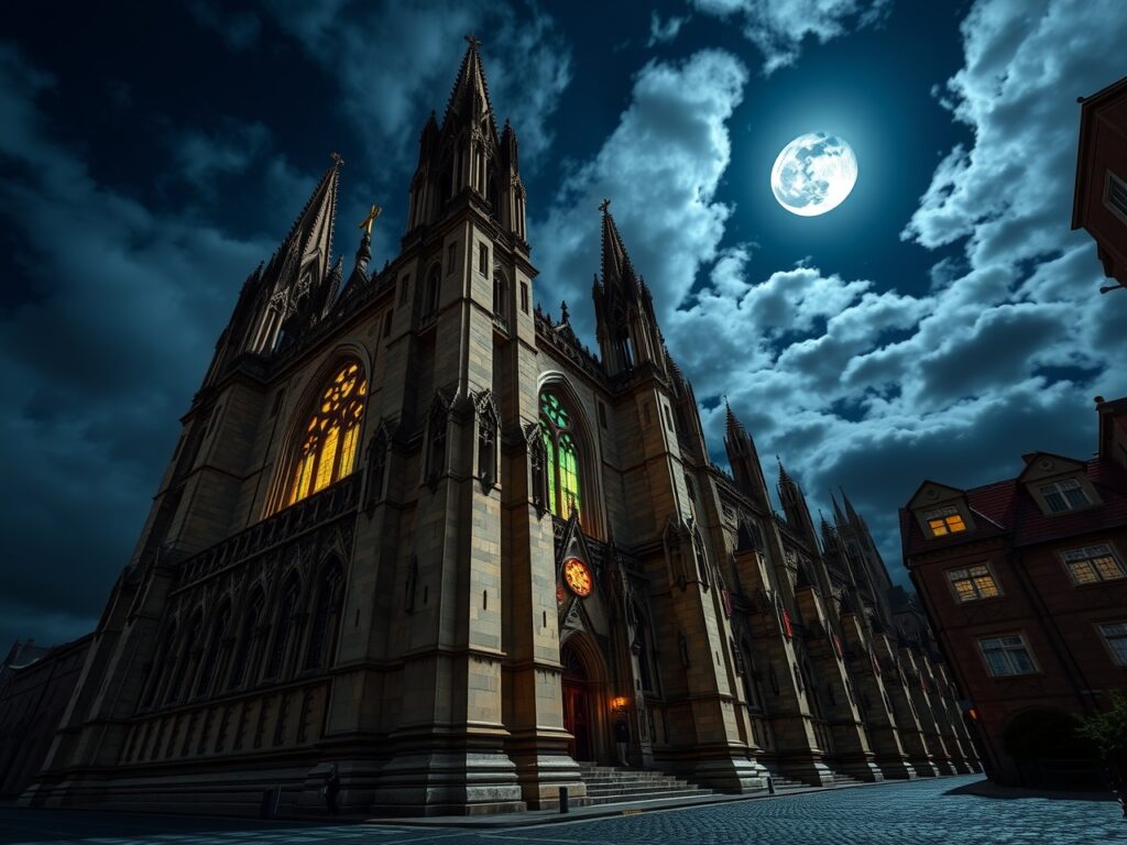 Majestic Gothic Cathedral Under Moonlight – free AI stock image