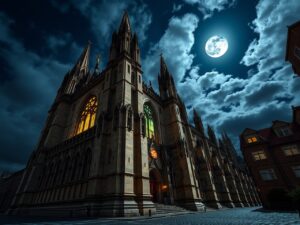 Majestic Gothic Cathedral Under Moonlight – free AI stock image