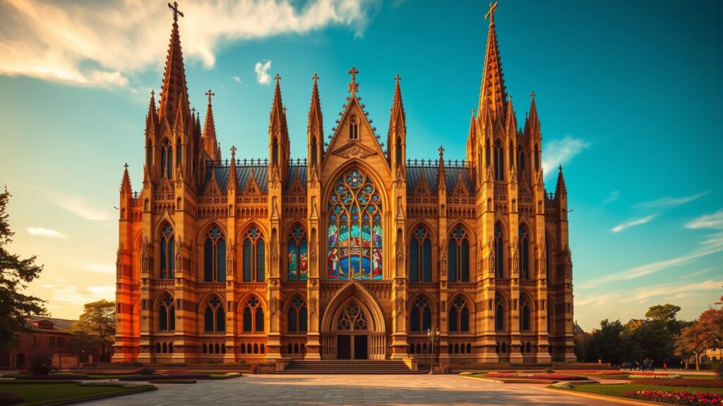 Majestic Gothic Cathedral with Intricate Stained Glass Windows image – free AI stock image