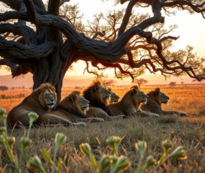 Majestic Lions Resting Under the Acacia Tree – free AI stock image