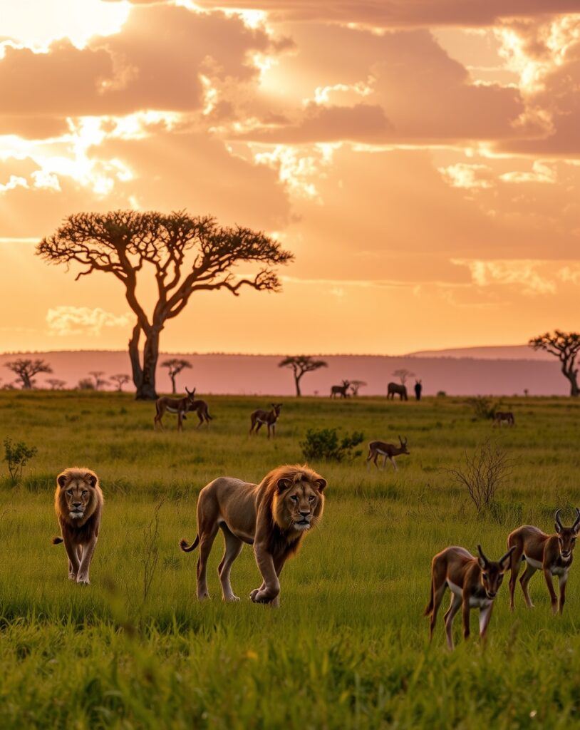 Majestic Lions Roaming the African Savanna – free AI stock image