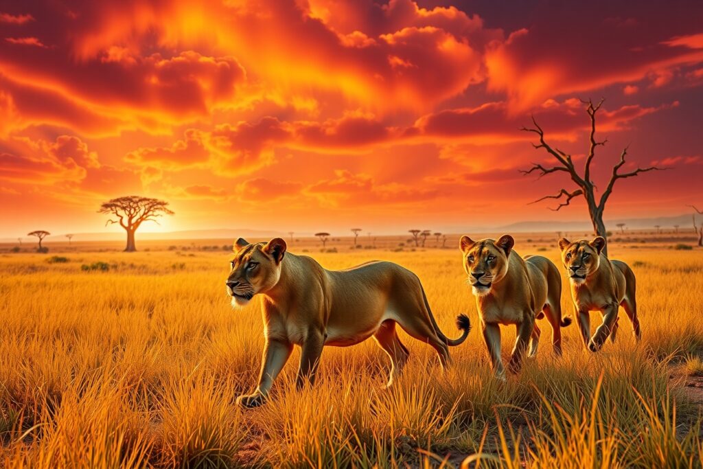 Majestic Lions Roaming the African Savanna – free AI stock image