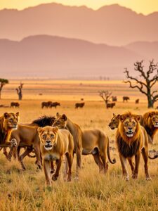 Majestic Lions Roaming the African Savanna – free AI stock image