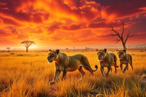 Majestic Lions Roaming the African Savanna – free AI stock image