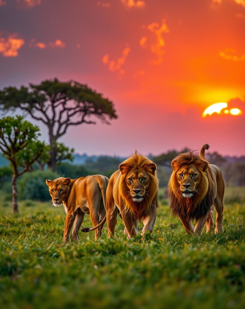 Majestic Lions Roaming the African Savannah – free AI stock image