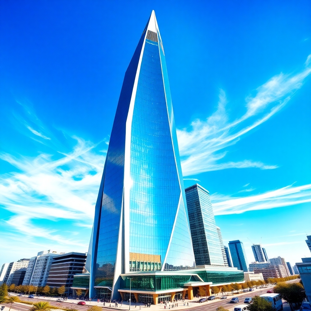 Majestic Modern Skyscraper Against Blue Sky – free AI stock image
