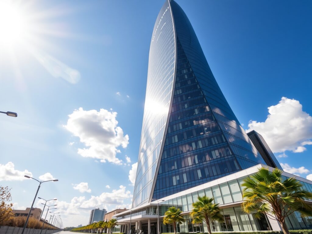 Majestic Modern Skyscraper Against Blue Sky – free AI stock image