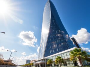 Majestic Modern Skyscraper Against Blue Sky – free AI stock image