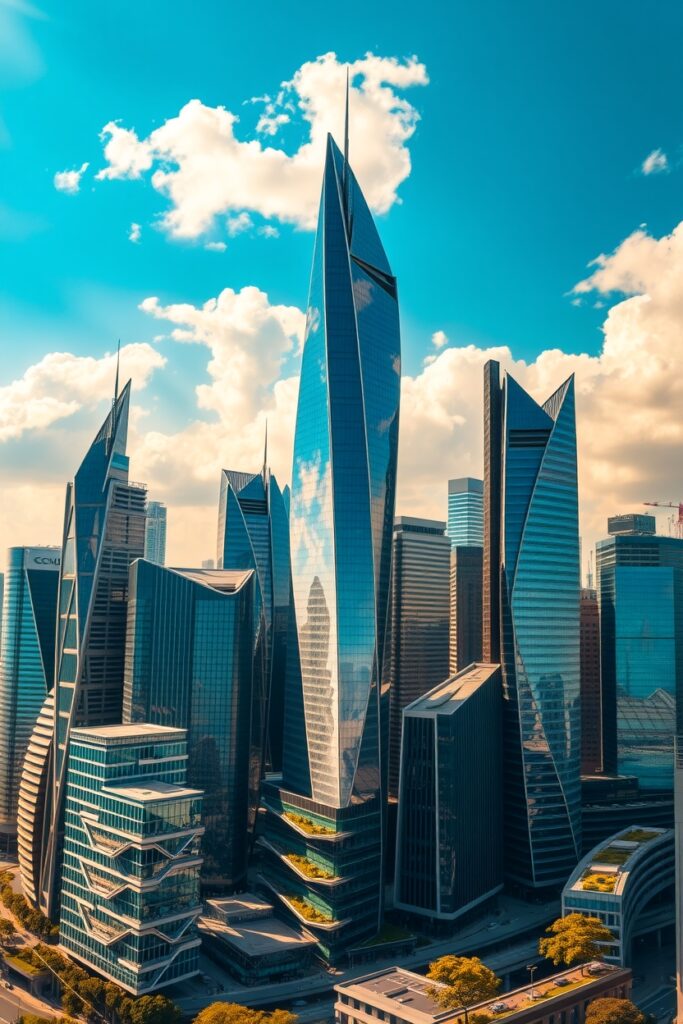 Majestic Modern Skyscrapers Against Blue Sky – free AI stock image