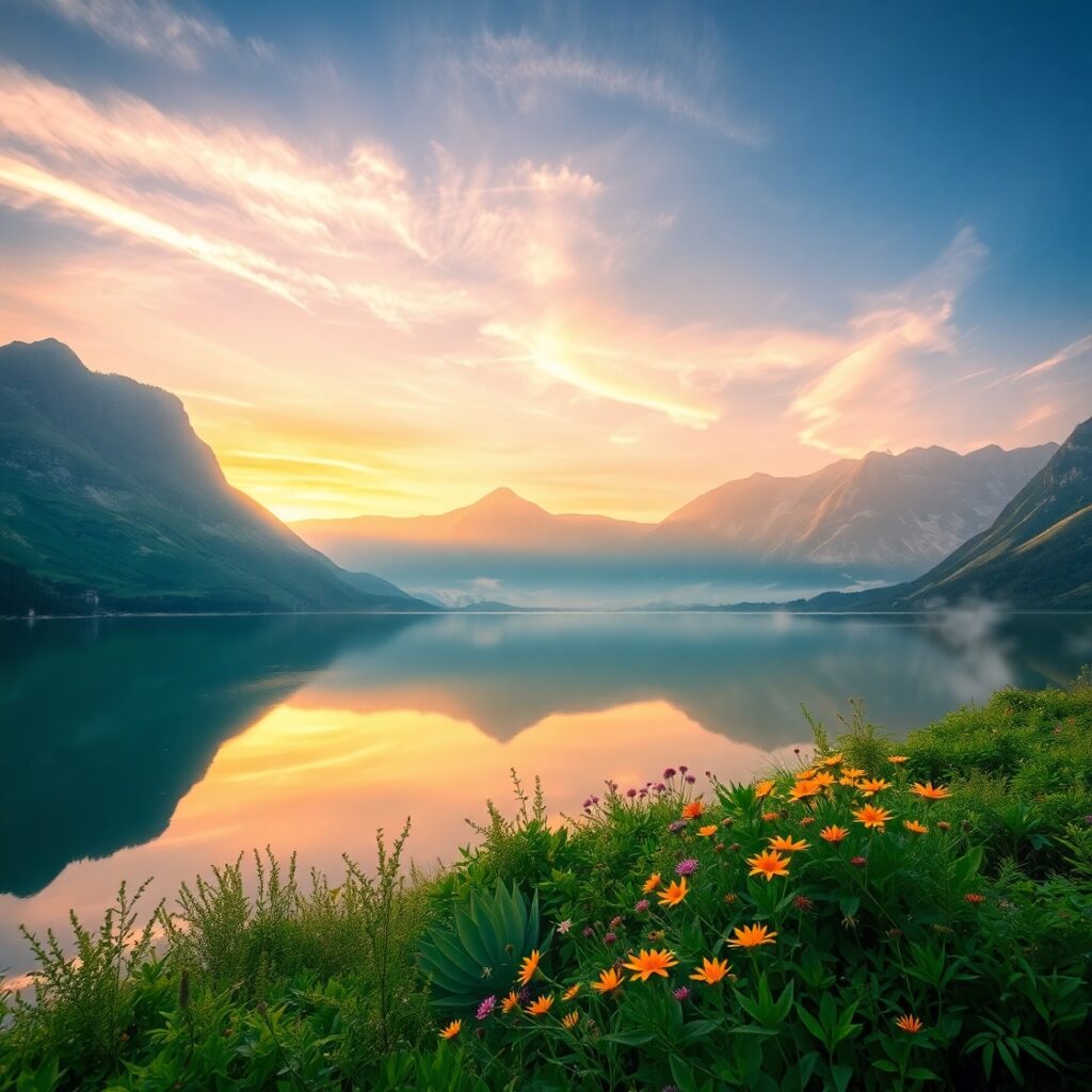 Majestic Morning over Serene Lake – free AI stock image