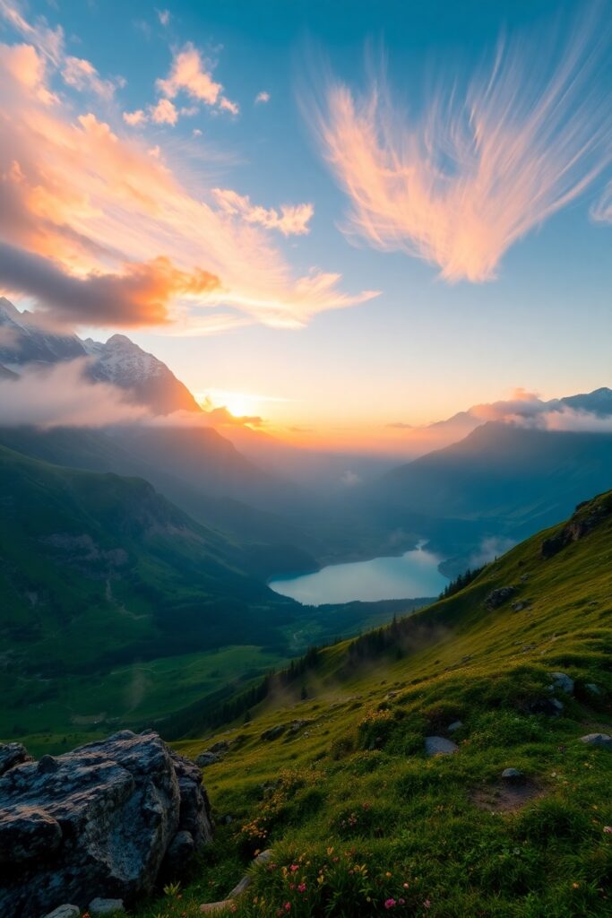 Majestic Mountain Landscape at Dawn – free AI stock image