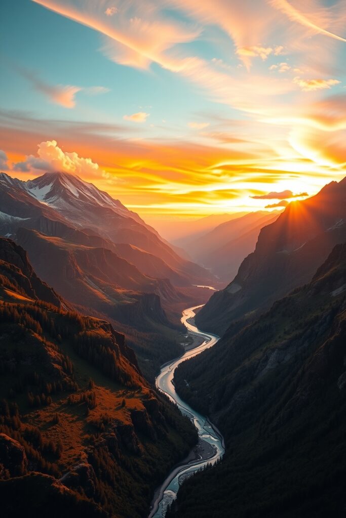 Majestic Mountain Landscape at Sunrise – free AI stock image