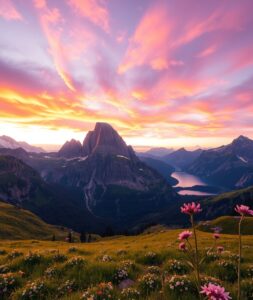 Majestic Mountain Landscape at Sunrise – free AI stock image