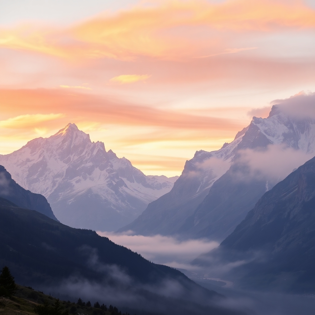 Majestic Mountain Landscape at Sunrise – free AI stock image