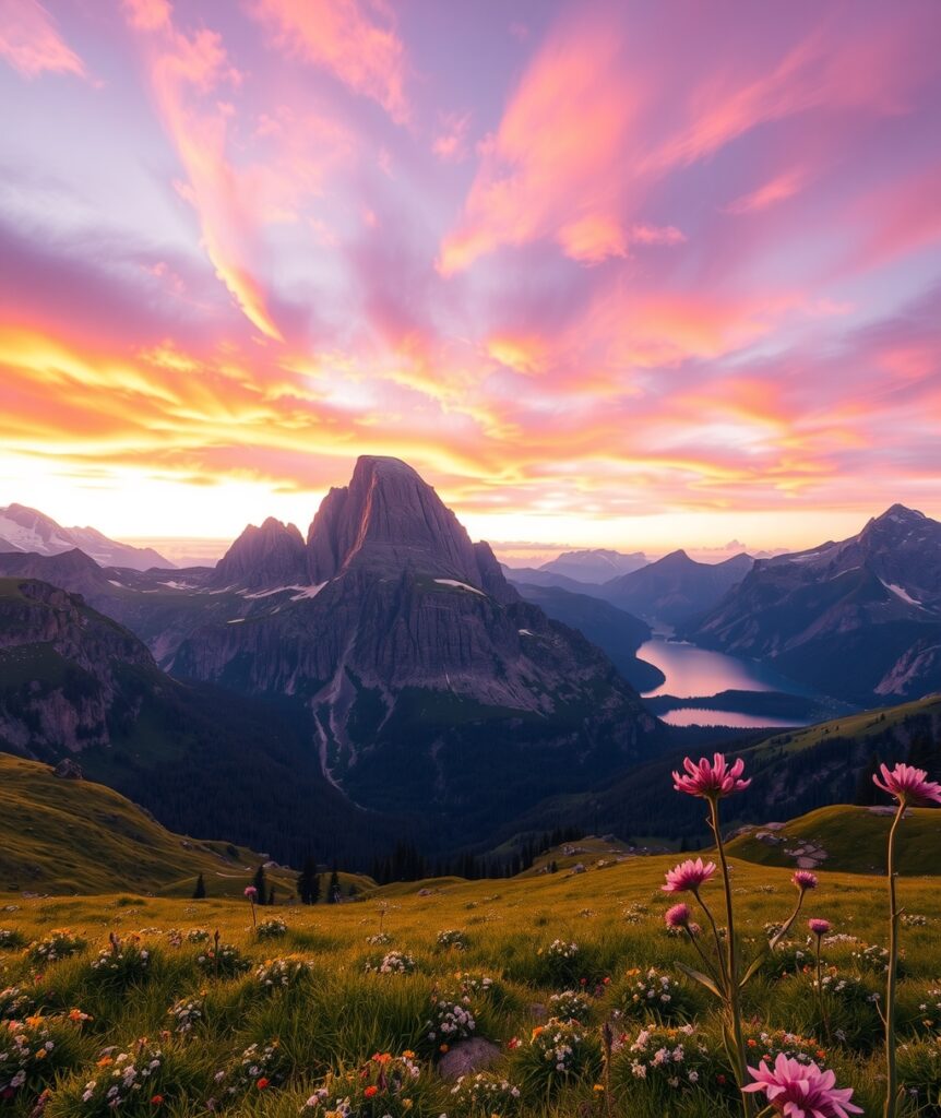 Majestic Mountain Landscape at Sunrise – free AI stock image