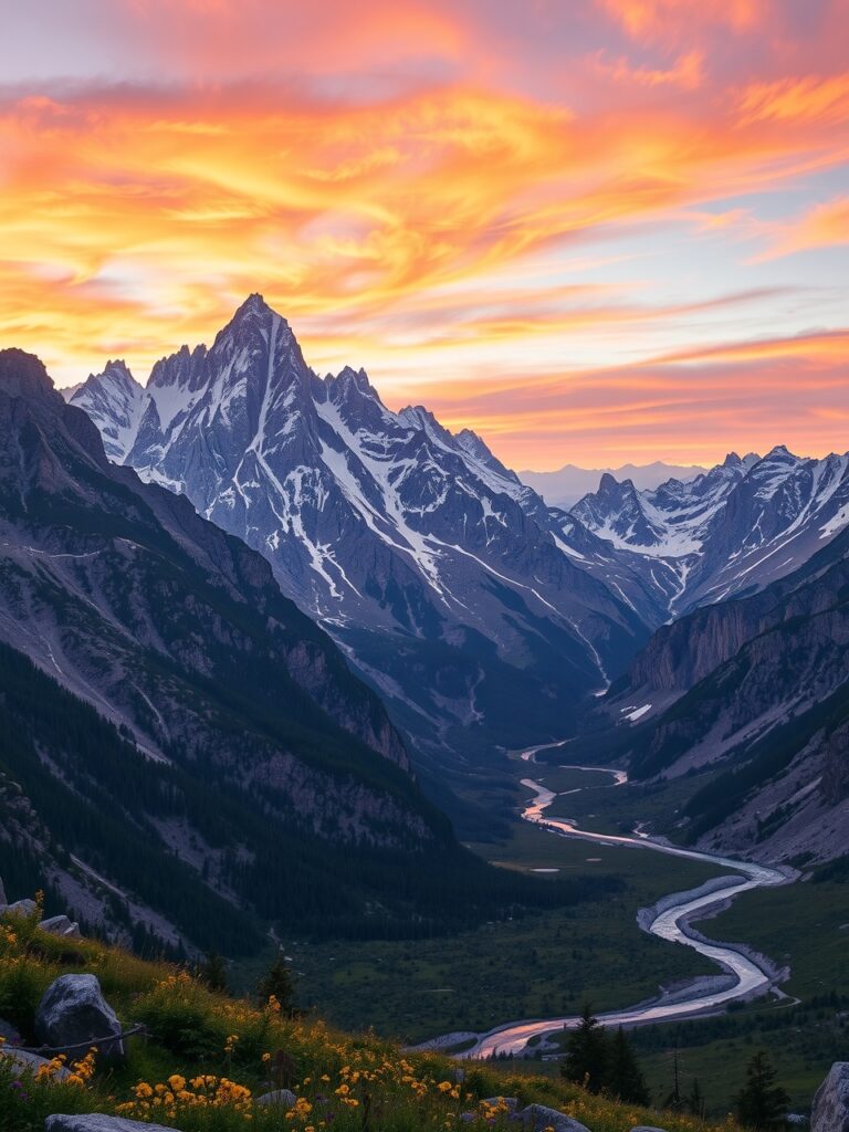 Majestic Mountain Landscape at Sunset – free AI stock image