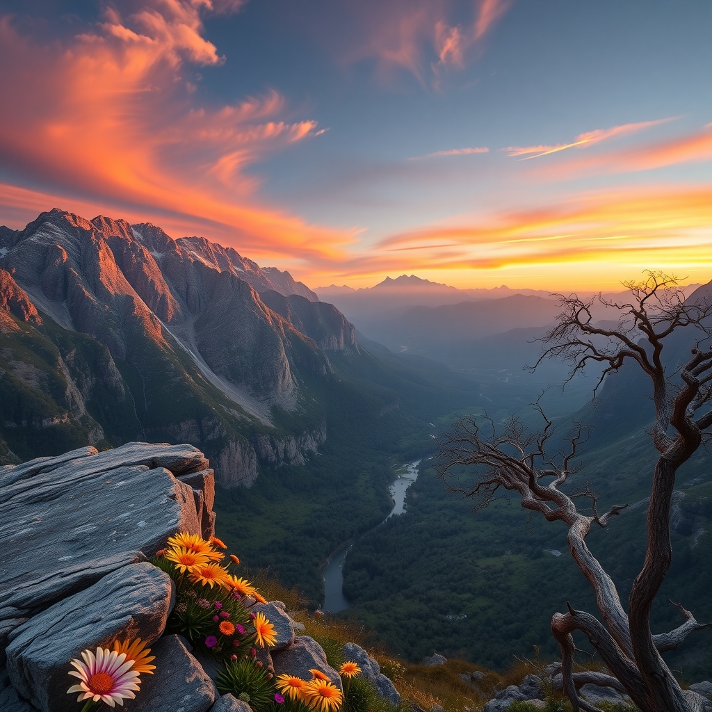 Majestic Mountain Peaks at Sunrise – free AI stock image